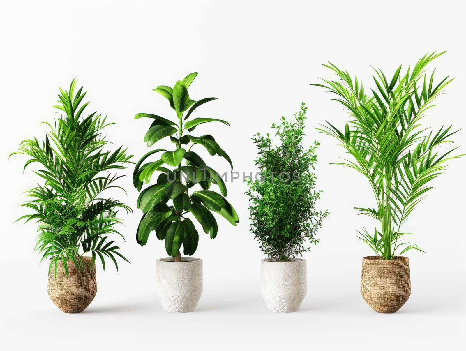 Potted plants isolated on white background. Collection of various houseplants in pots. Plant decoration, home gardening, and clean air concept for design and advertising. Ai generation by Lunnica