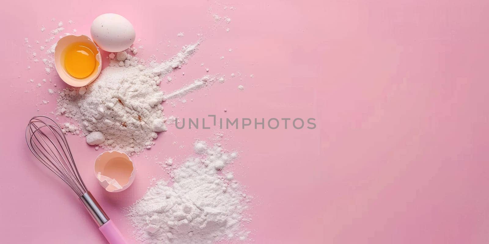 Baking ingredients on pink background with copy space. Eggs, flour in wooden spoons, and whisk. Top view of pastry or cake preparation concept. For recipe layouts, culinary designs. Ai generation. by Lunnica