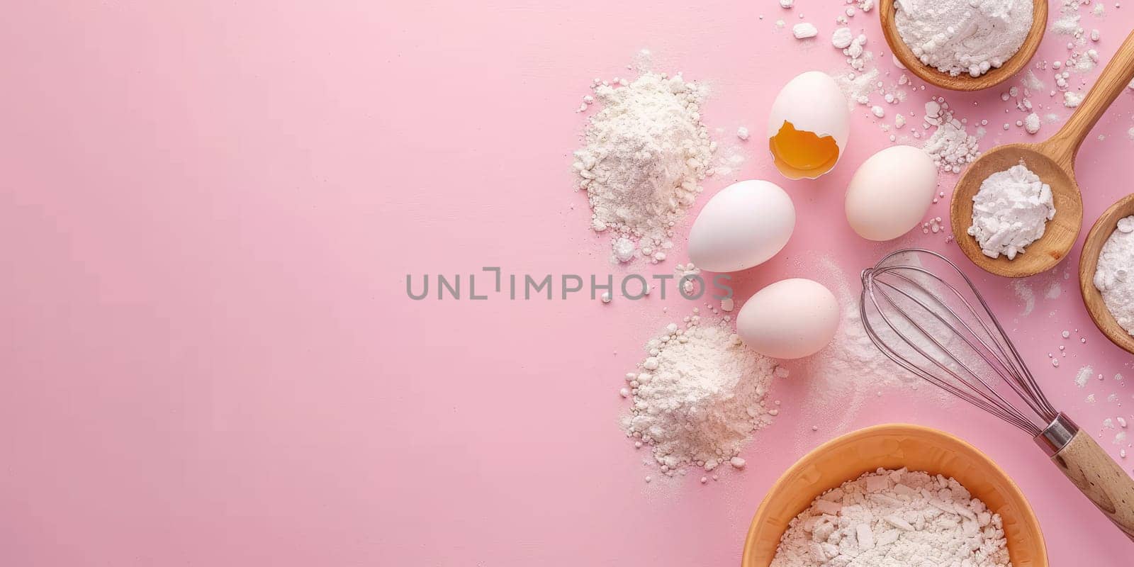 Baking ingredients on pink background with copy space. Eggs, flour in wooden spoons, and whisk. Top view of pastry or cake preparation concept. For recipe layouts, culinary designs. Ai generation. Ai
