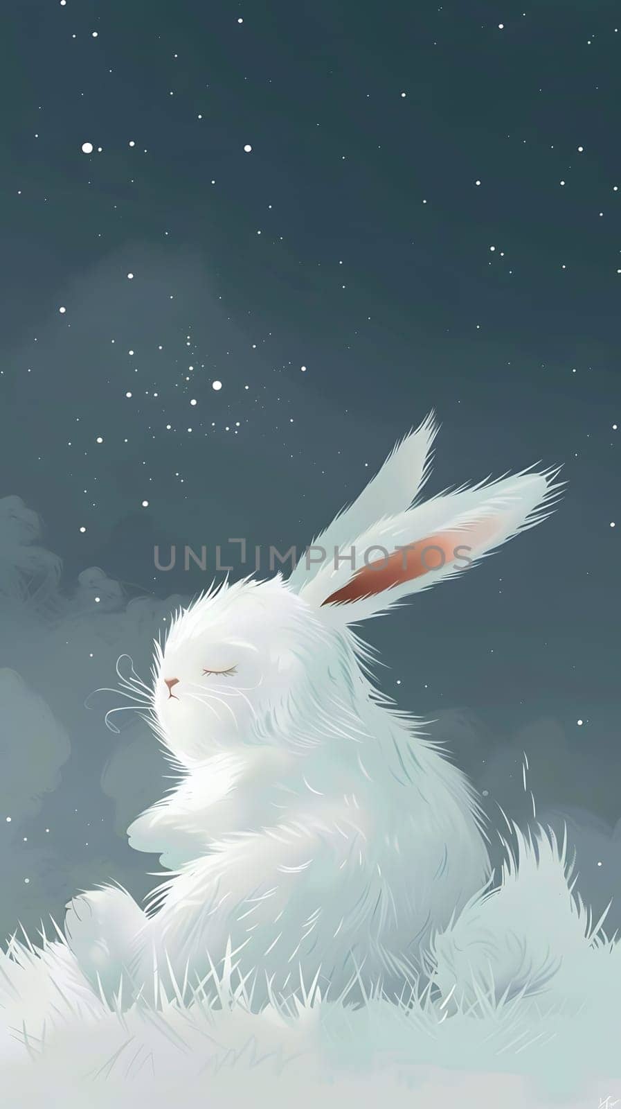 A white rabbit peacefully sits in the grass with closed eyes, undisturbed by the wind or any event around. The rabbits fluffy fur blends seamlessly with the greenery