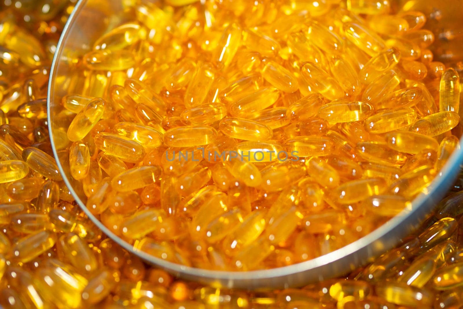 Pile of capsules Omega 3. Close up, top view, high resolution product. High quality photo