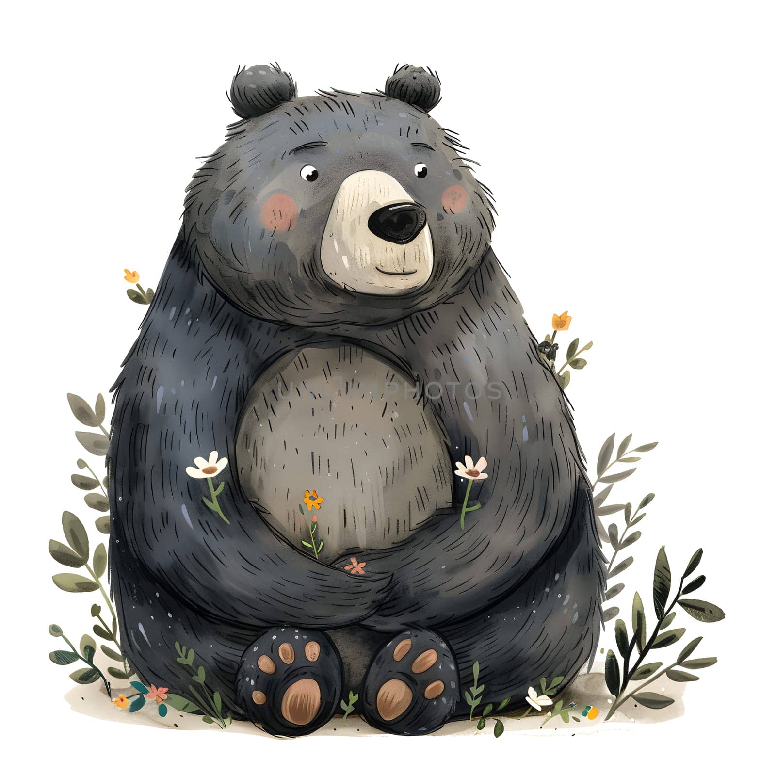 A black bear, a toy of a carnivore terrestrial animal, sits in the grass with flowers and leaves. The bear figure has a snout and fur, creating a cute art piece for serveware
