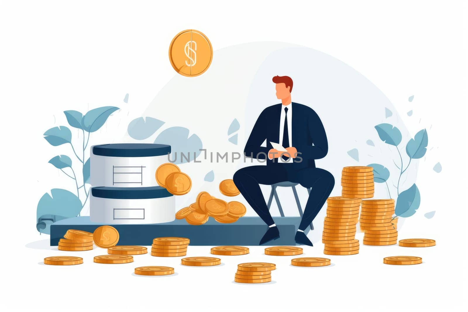 Liabilities financial obligations cartoon illustration - Generative AI. Businessman, chair, coin, stack. by simakovavector