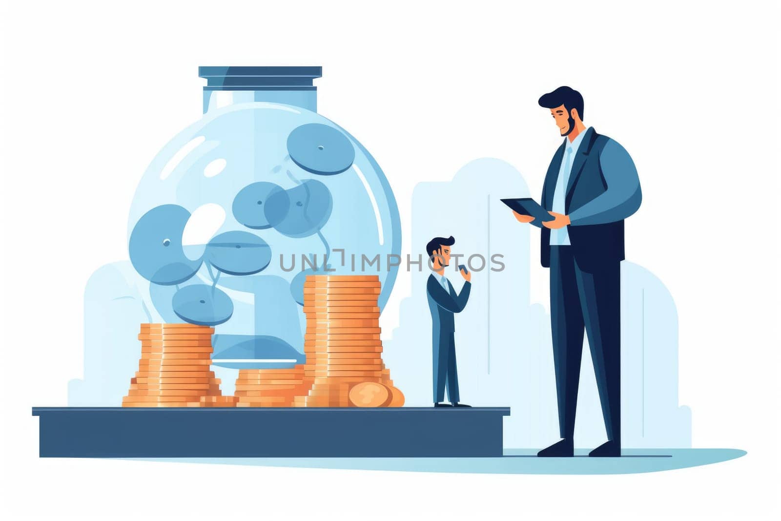 Liabilities financial obligations cartoon illustration - Generative AI. Businessman, chair, coin, stack. by simakovavector