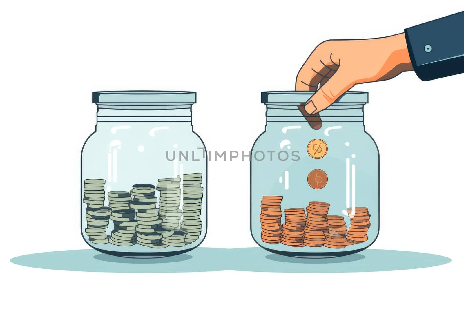 Loss cartoon illustration - Generative AI. Jar, hand, coin, red, gold. by simakovavector