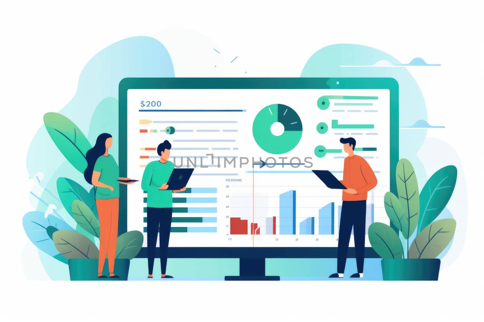 Market research cartoon illustration - Generative AI. Board, graph, people, document. by simakovavector