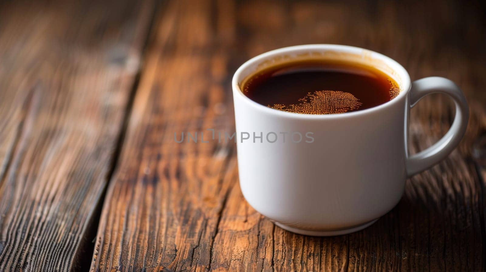 A cup of coffee on a wooden table with some sugar