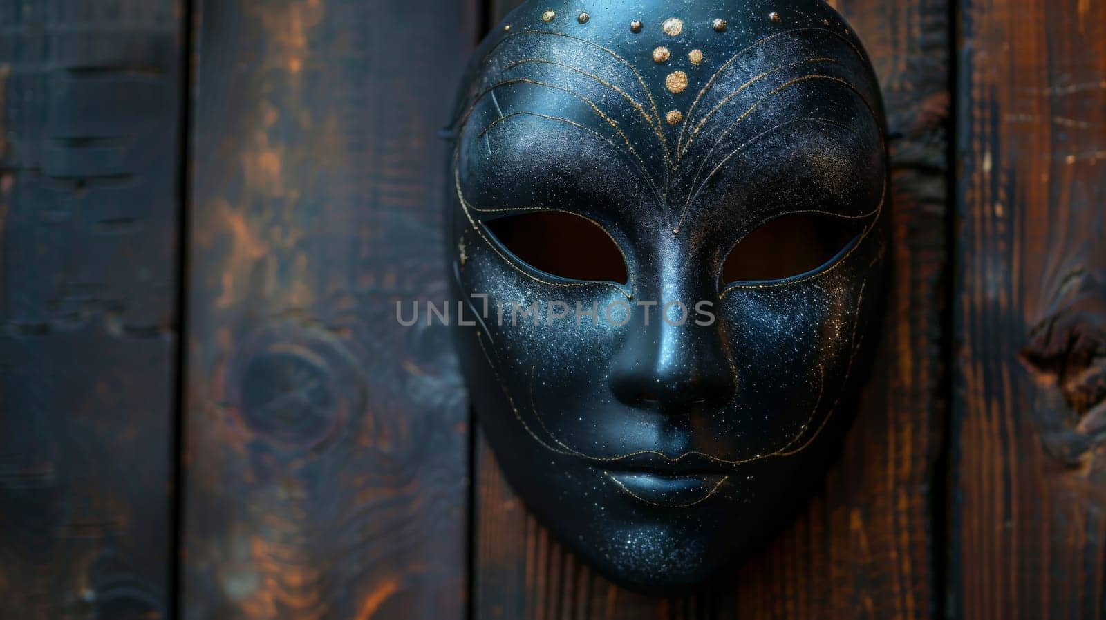 A black mask on a wooden wall with gold accents