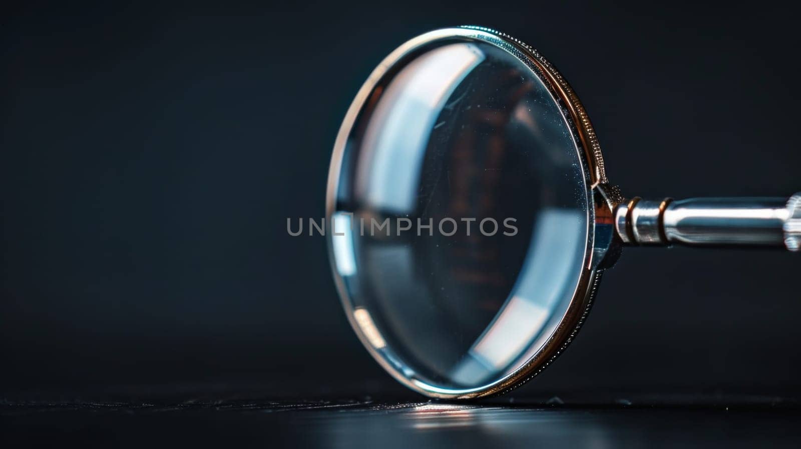 A magnifying glass on a table with black background