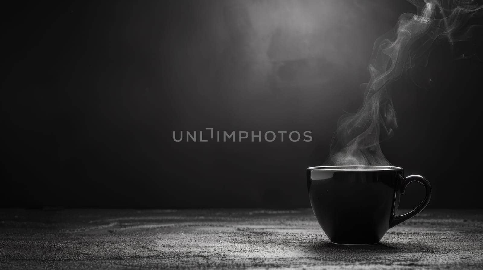 A black and white photo of a steaming cup on the table