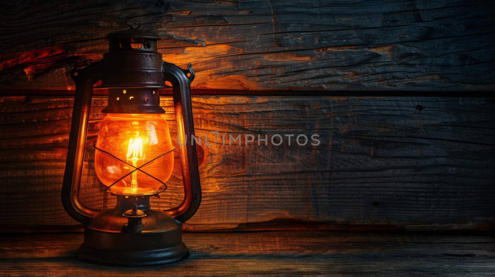 A close up of an old fashioned lantern lit on a wooden wall