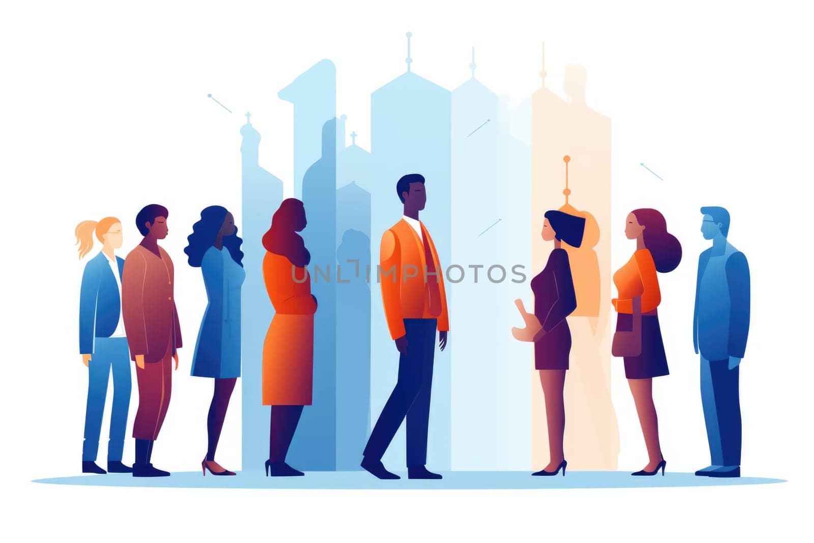 Market segmentation cartoon illustration - Generative AI. Man, woman, people, colorful, building. by simakovavector