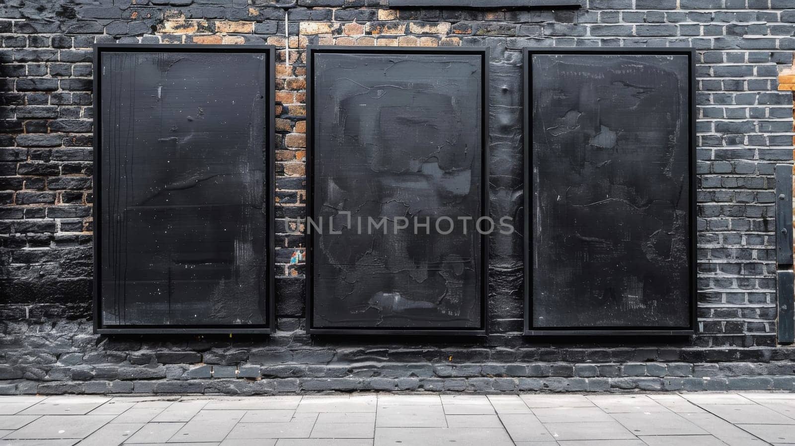 A brick wall with three black framed pictures on it