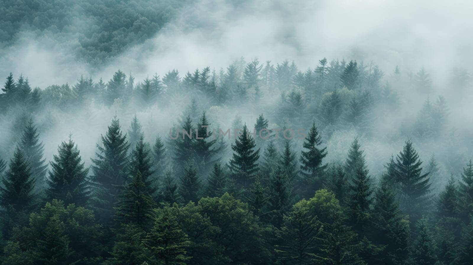 A forest with a lot of trees and fog in the air