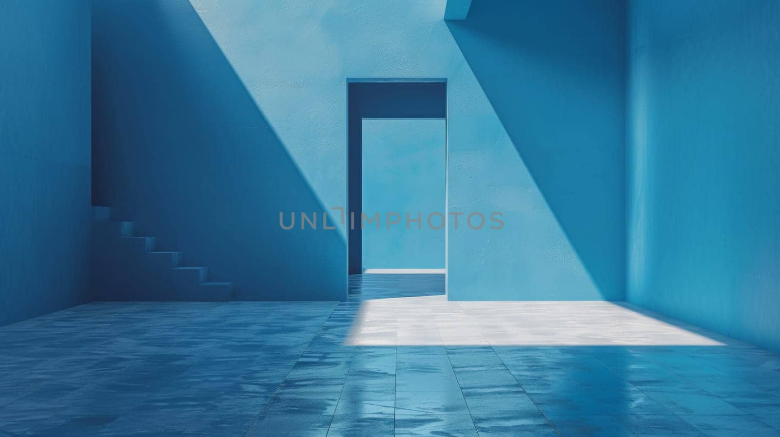 A blue room with a door and stairs leading to it