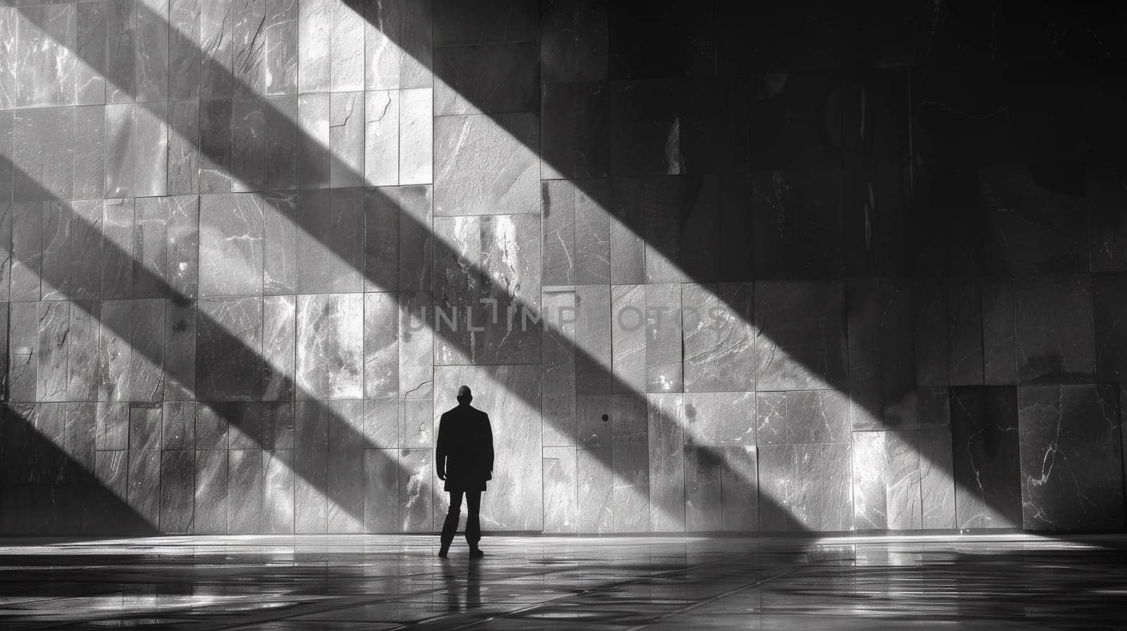 A person standing in a room with large windows and light