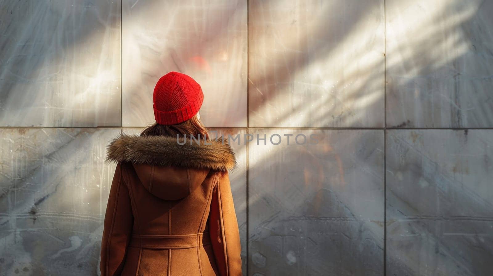 A woman in a red hat standing next to a wall