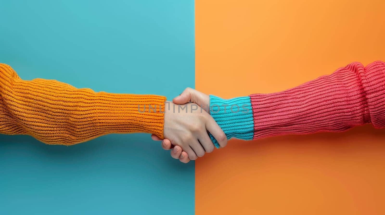 Two people holding hands with colorful sweaters on a blue and orange background