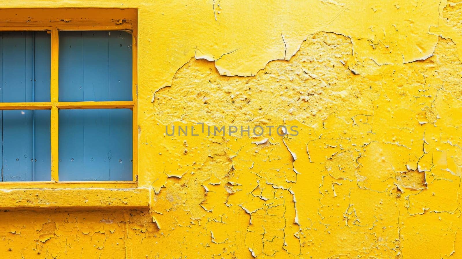 A yellow wall with peeling paint and a blue window
