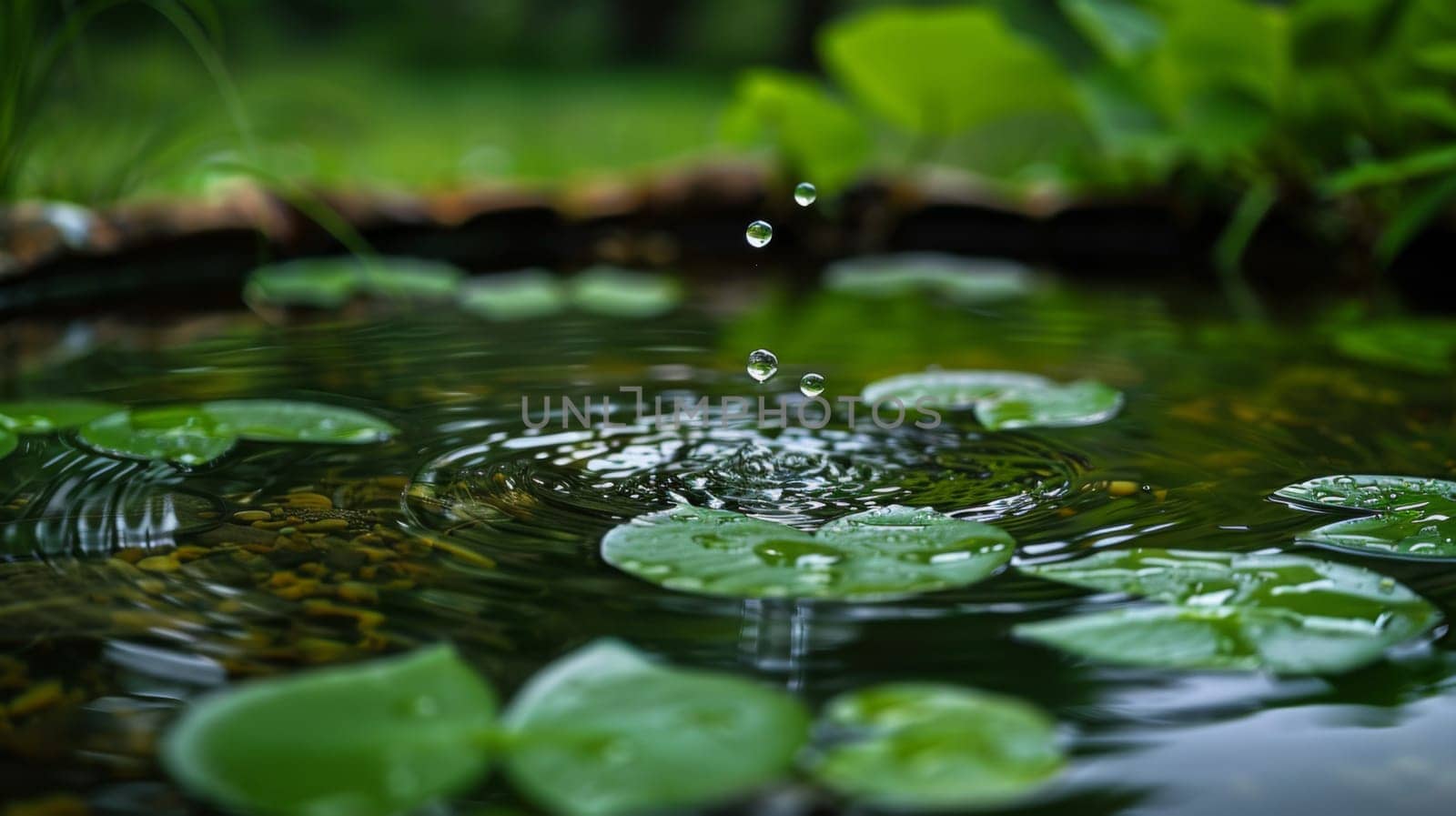 A pond with water lily leaves and a small drop of rain