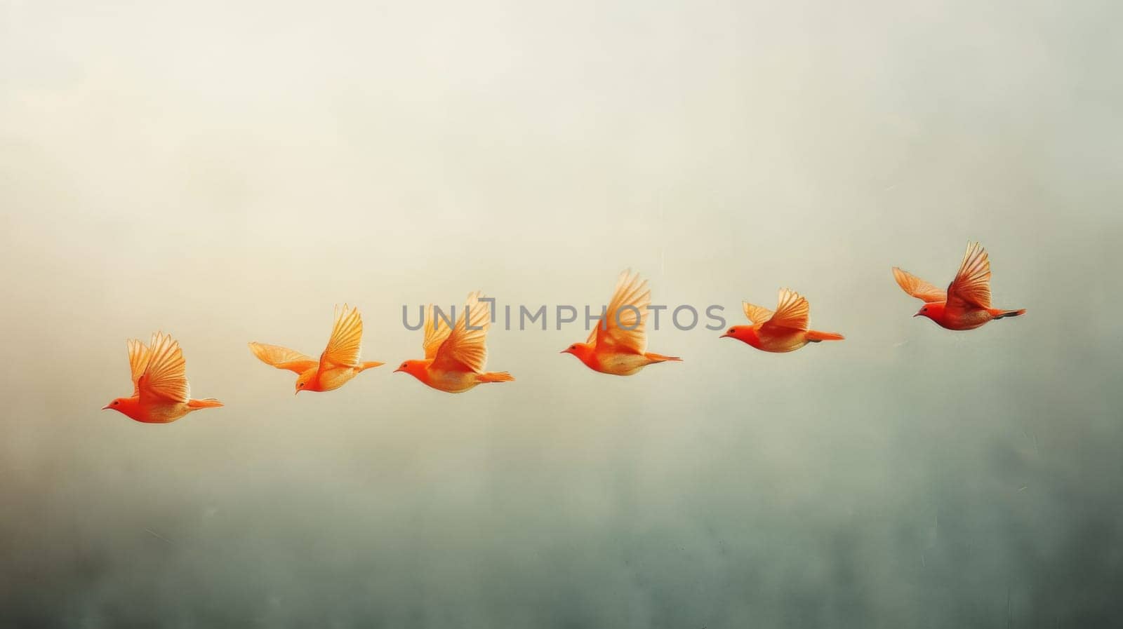 A group of birds flying in a line against the sky