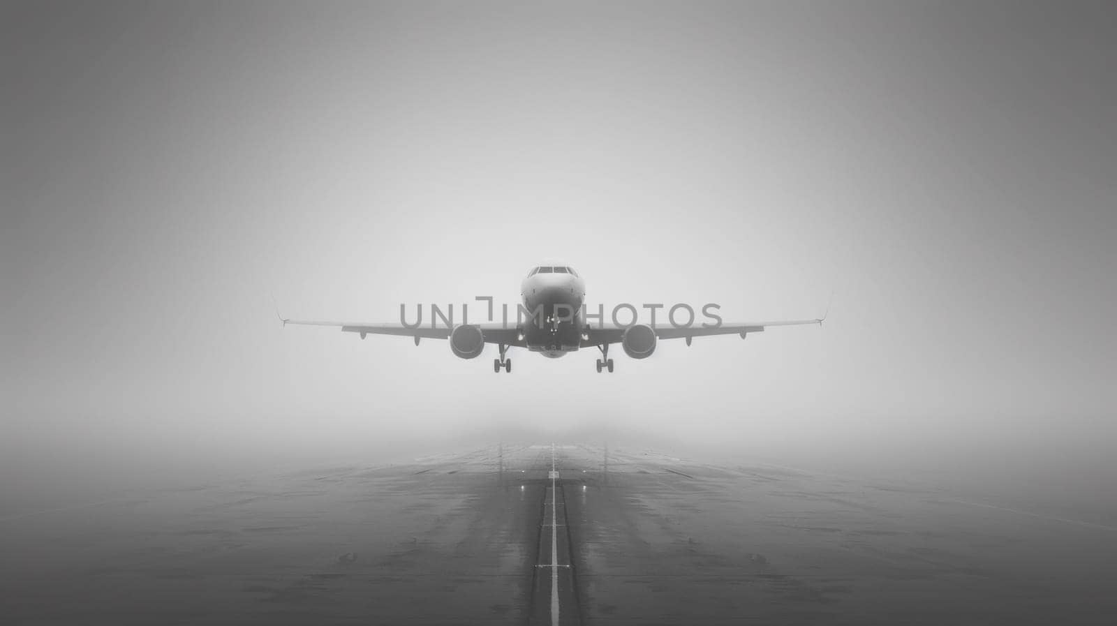 A large airplane flying in the fog with a runway behind it