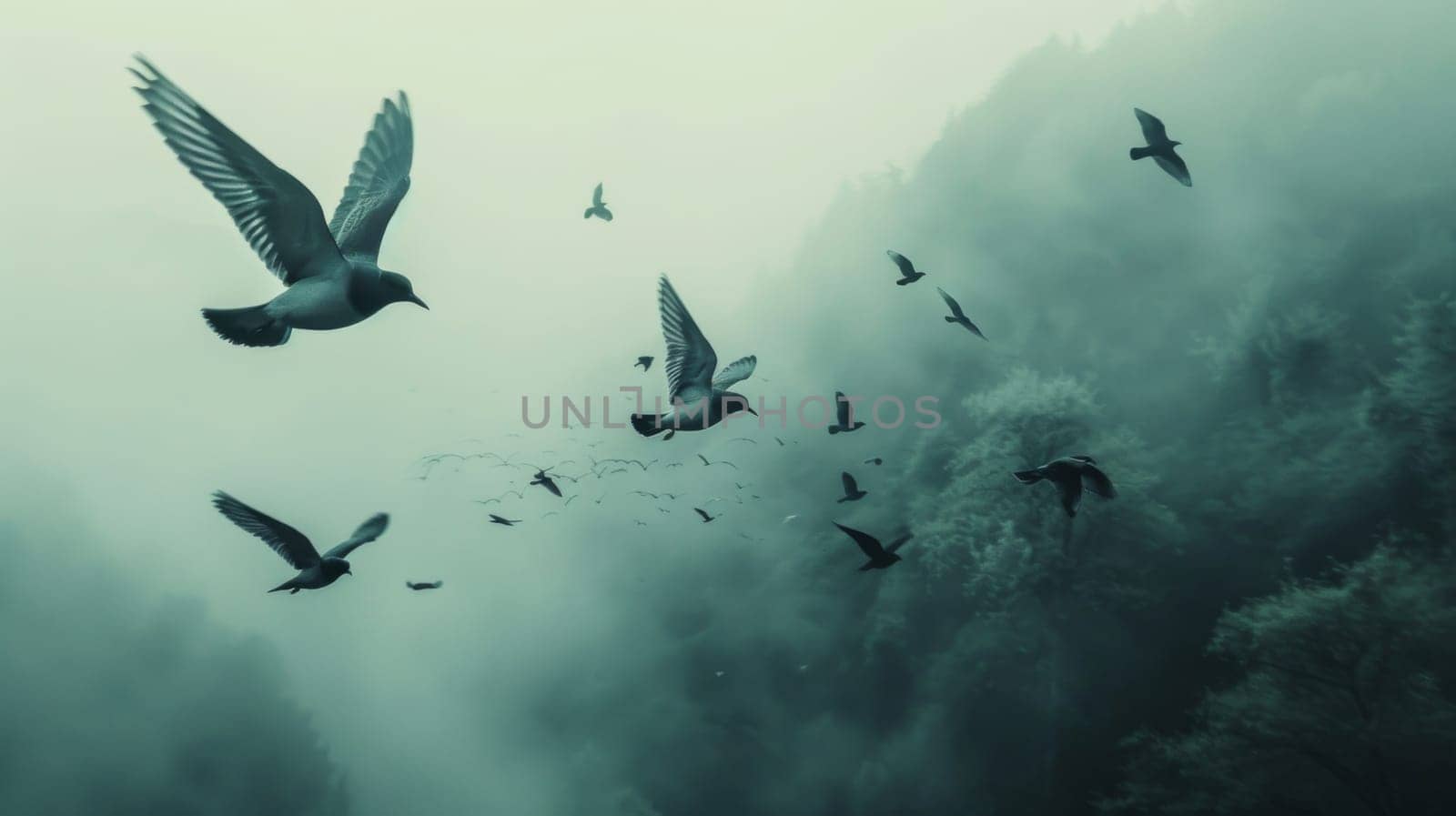 A flock of birds flying in the air over a foggy mountain