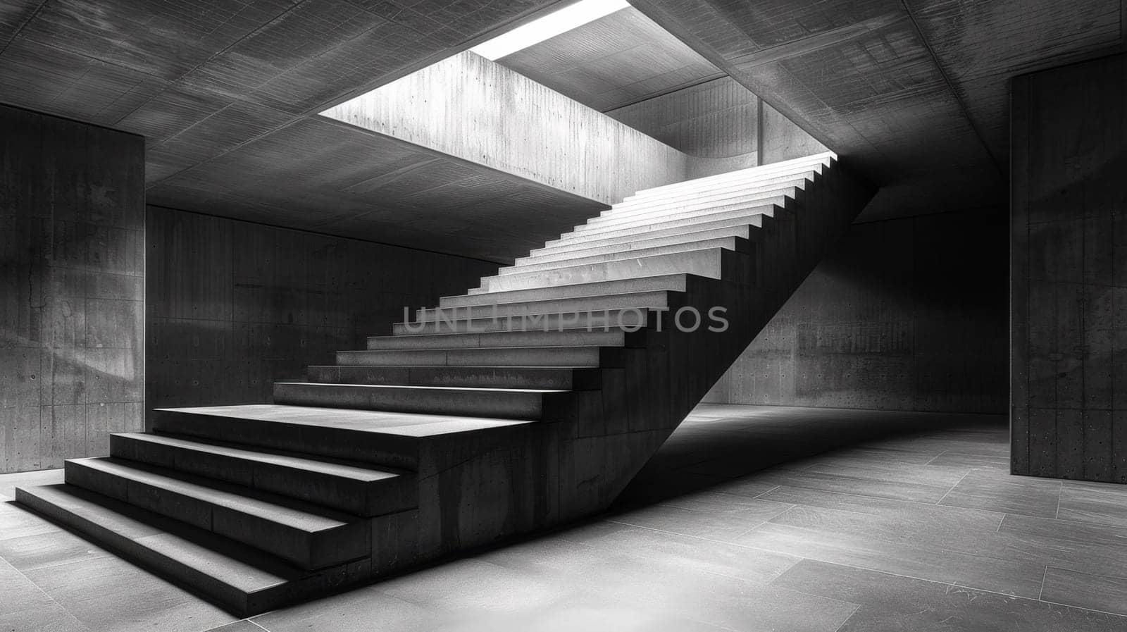 A black and white photo of a stairway in an empty room