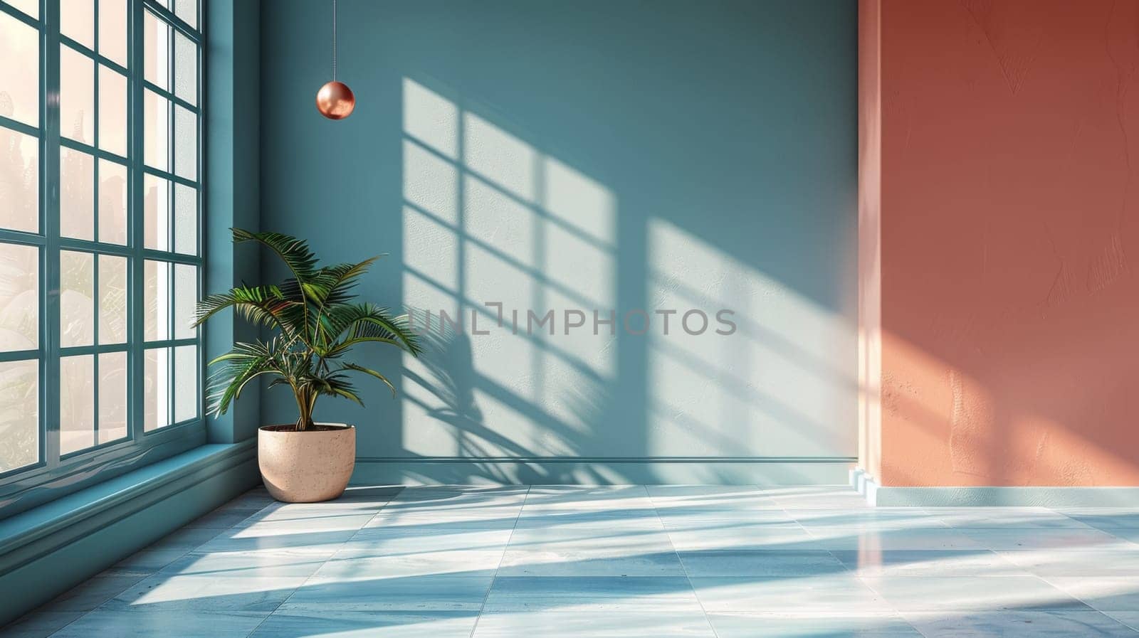 A potted plant sitting in front of a window with blue walls