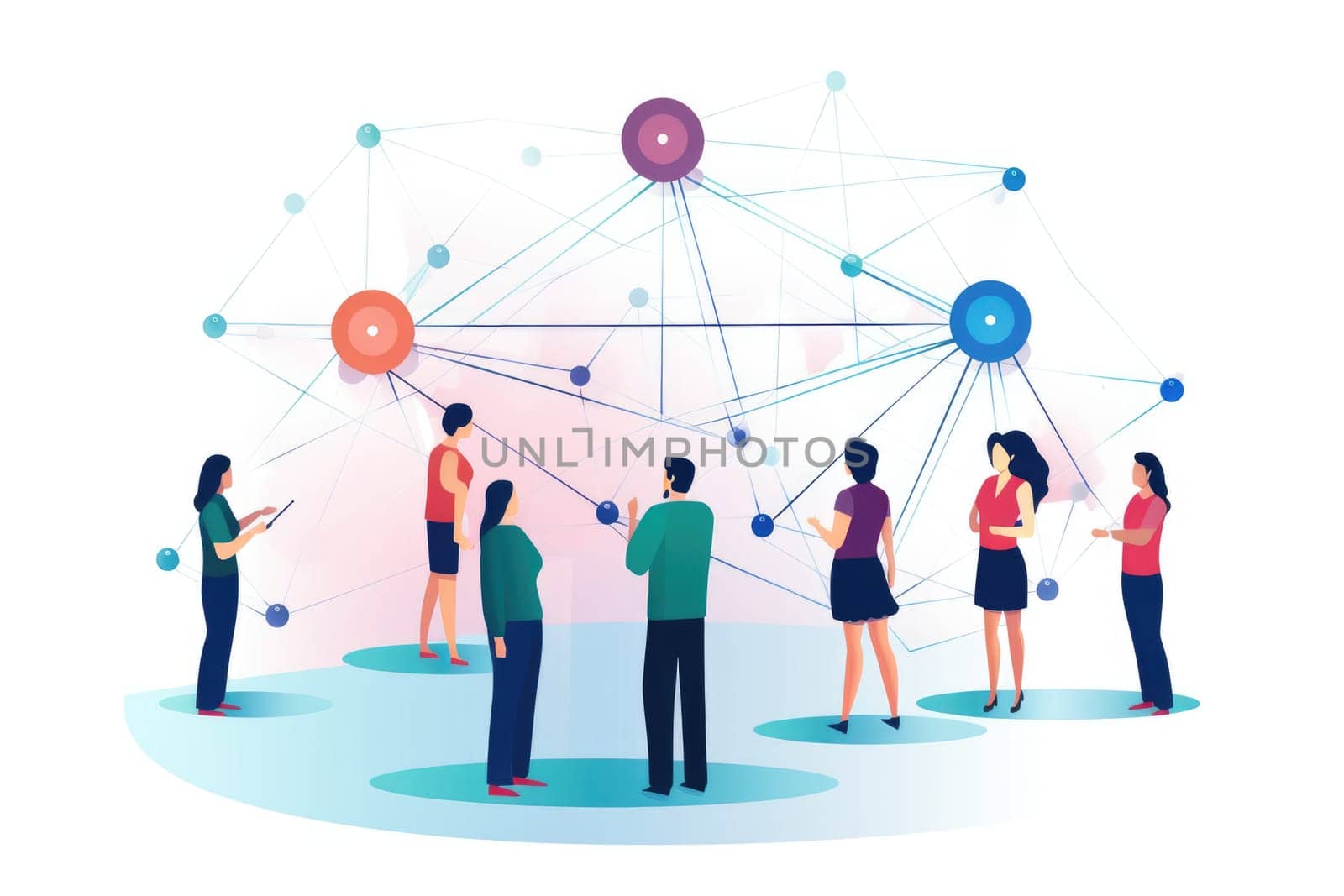 Networking building relationships cartoon illustration - Generative AI. Network, colorful, spheres, people. by simakovavector