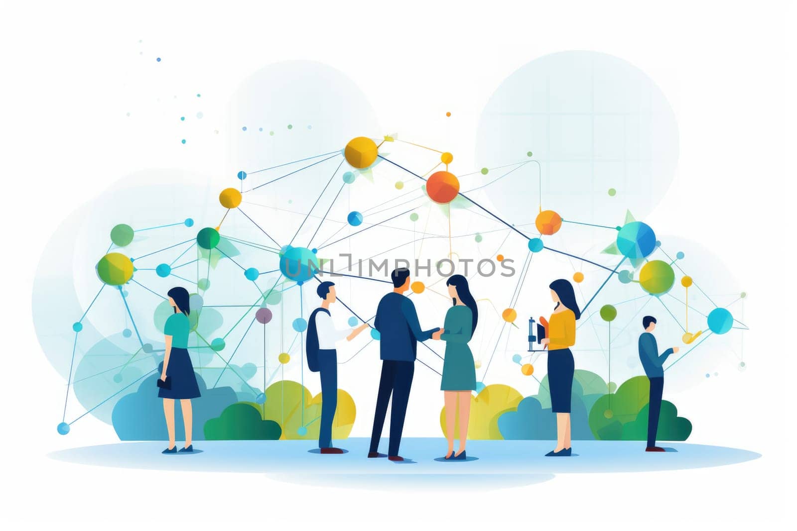 Networking building relationships cartoon illustration - AI generated. Network, colorful, spheres, people.