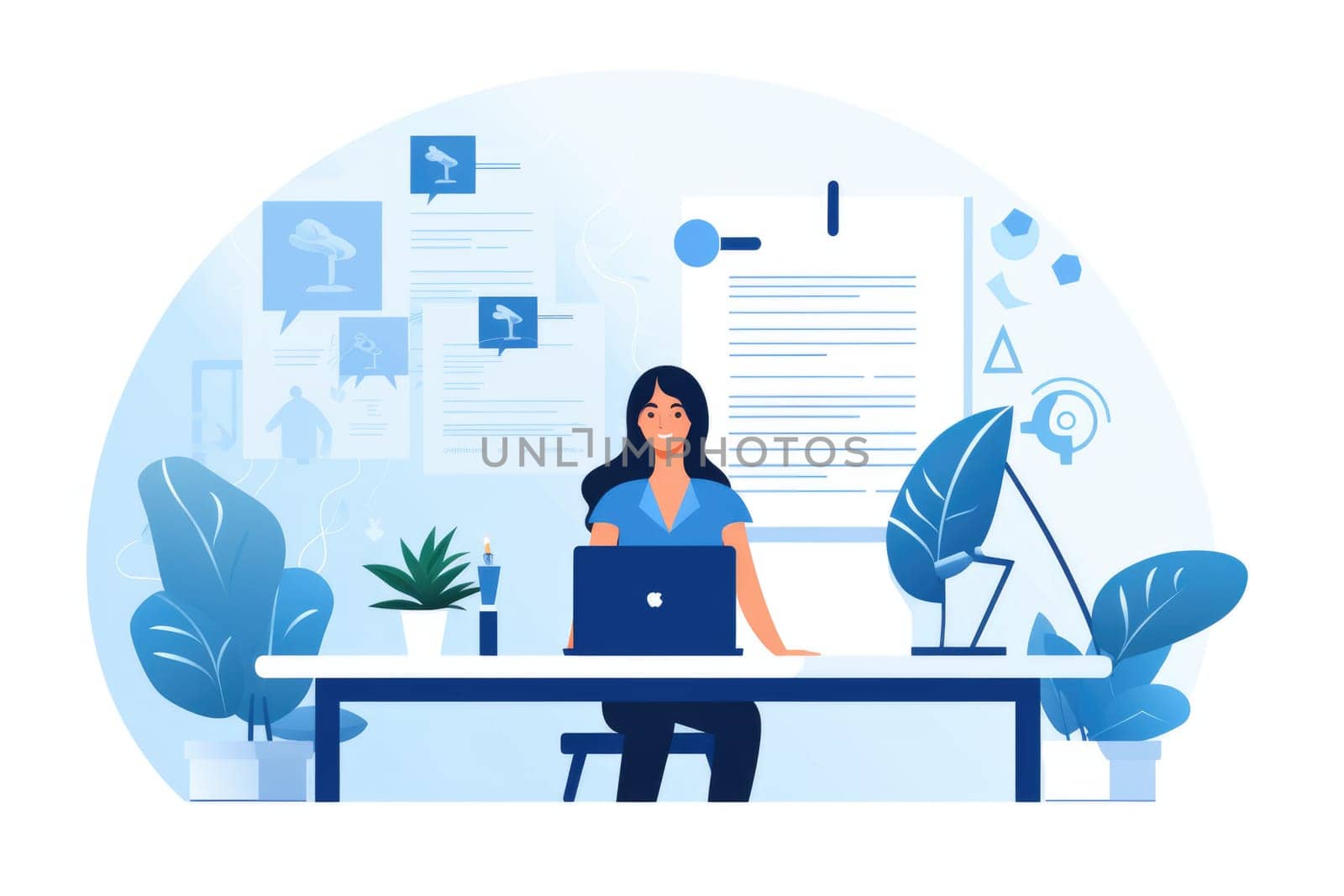 Outsourcing hiring cartoon illustration - AI generated. Woman, table, laptop, cup, plants.