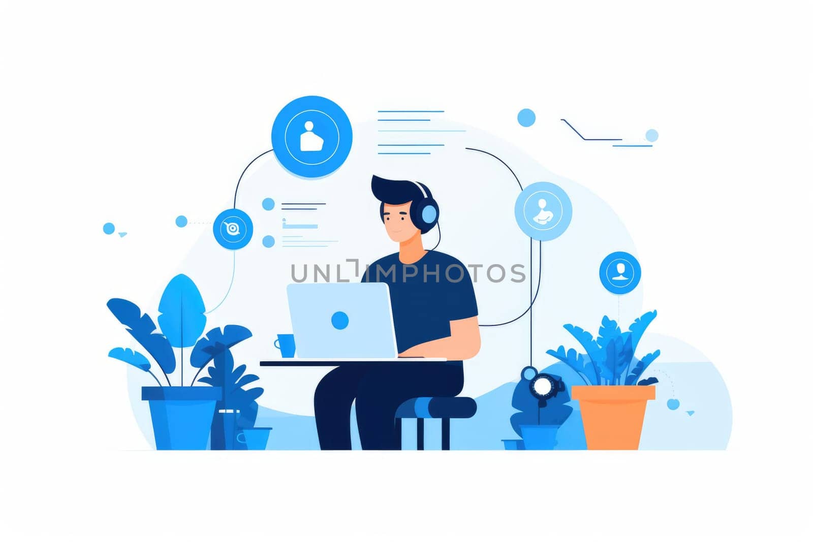 Outsourcing hiring cartoon illustration - Generative AI. Woman, table, laptop, cup, plants. by simakovavector