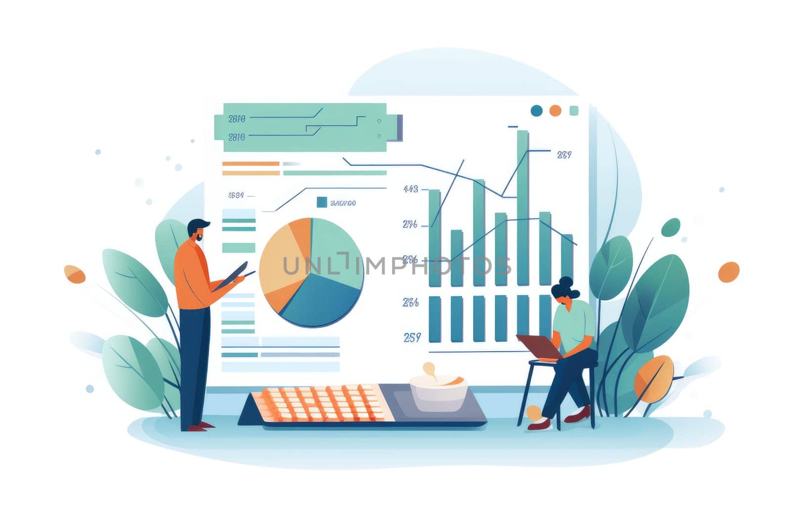 PL statement cartoon illustration - AI generated. Graph, board, man, woman, keyboard.