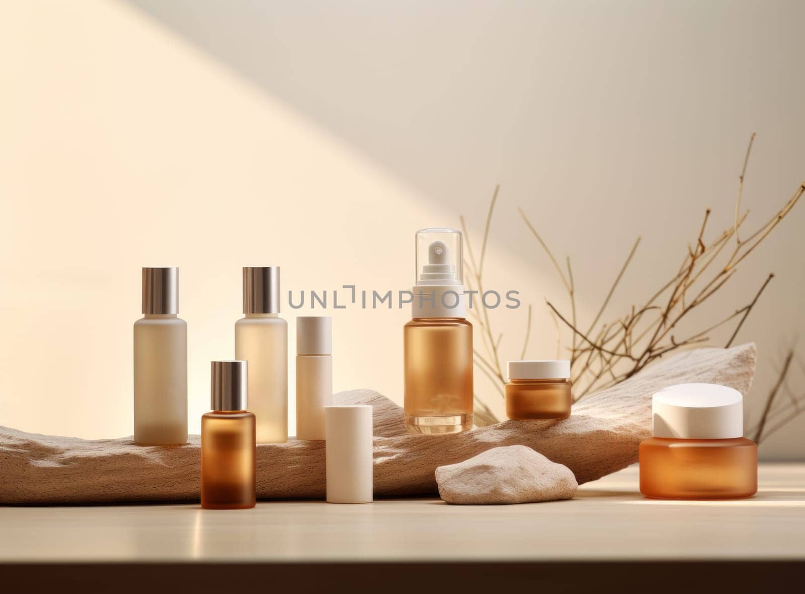 Aromatherapy and skincare concept. Cosmetic jars and dispensers with eco cosmetics on a stone tray on a light background with plant. Showcase stand for advertising and product presentation. Copy space.