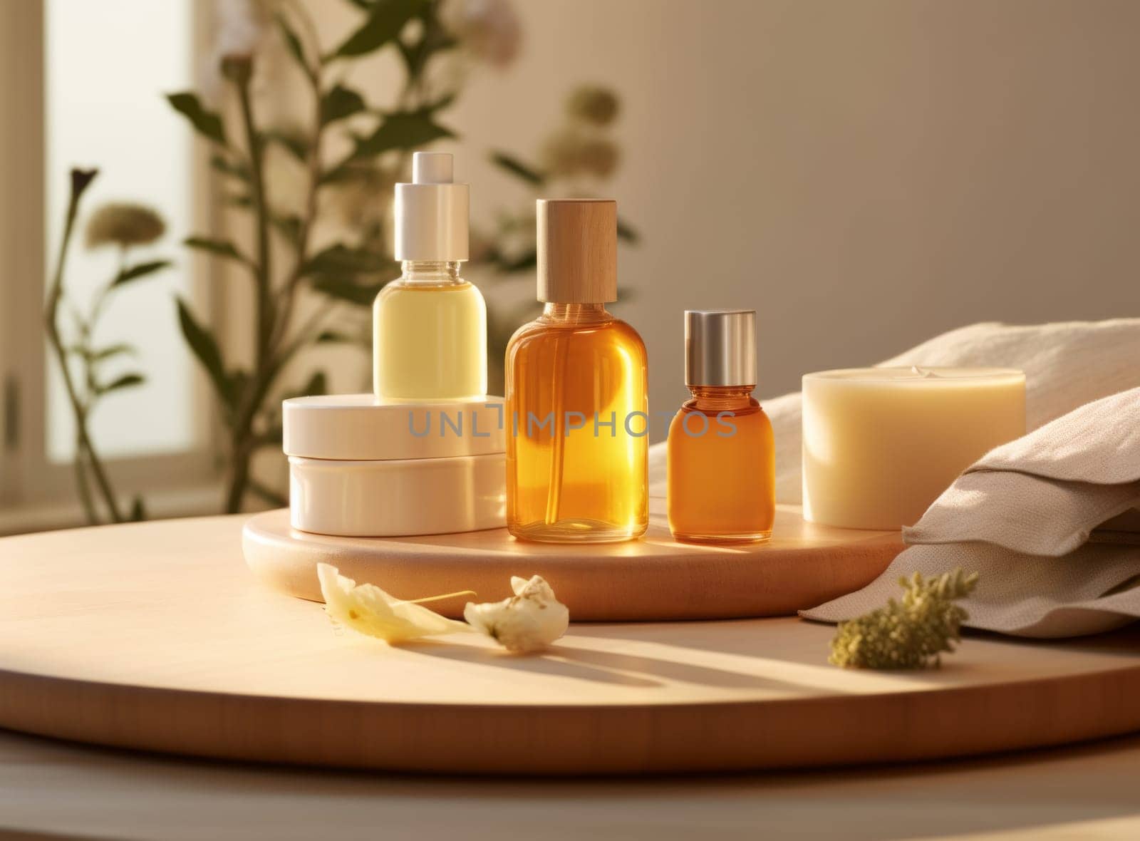 Set of amber glass serum bottles on wooden podiums for aromatherapy with candle, flowers and plant in the background. Liquid skin or hair care product and soap. Natural cosmetics concept. Copy space.