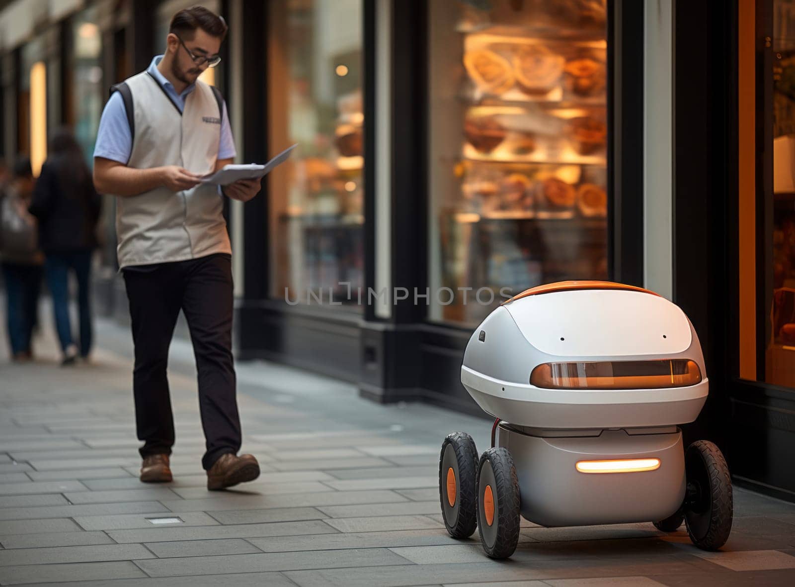 Moving delivery robot on the evening city on public road. White futuristic cyber-courier are cruising the sidewalks and street near shop, cafe, restaurant and people. Modern robotic delivery