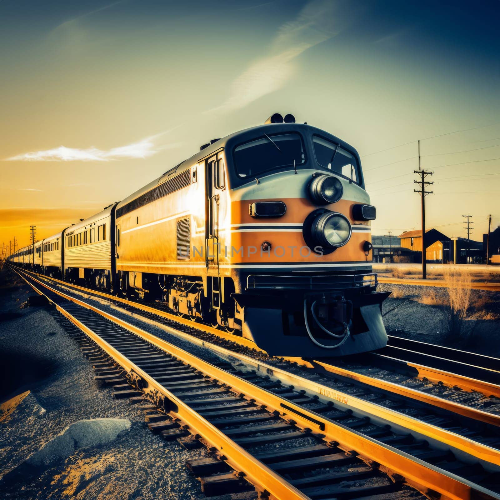 Freight train with colorful sunset with clouds rides on the rails in the sun rays. Transporting cargo in the USA