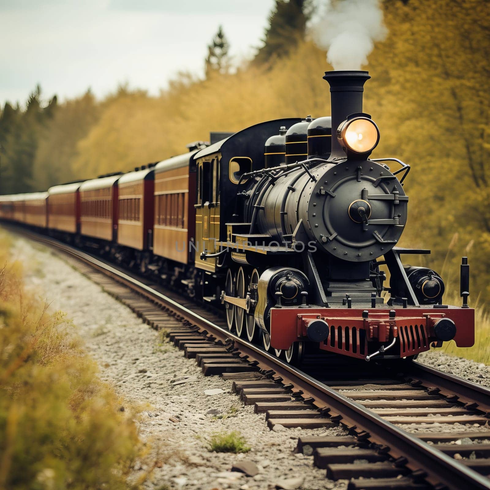 Retro steam locomotive moves on rails with carriages behind. Close-up front quarter view of old steam train travels in the middle of the autumn forest with the spotlight on. by sfinks