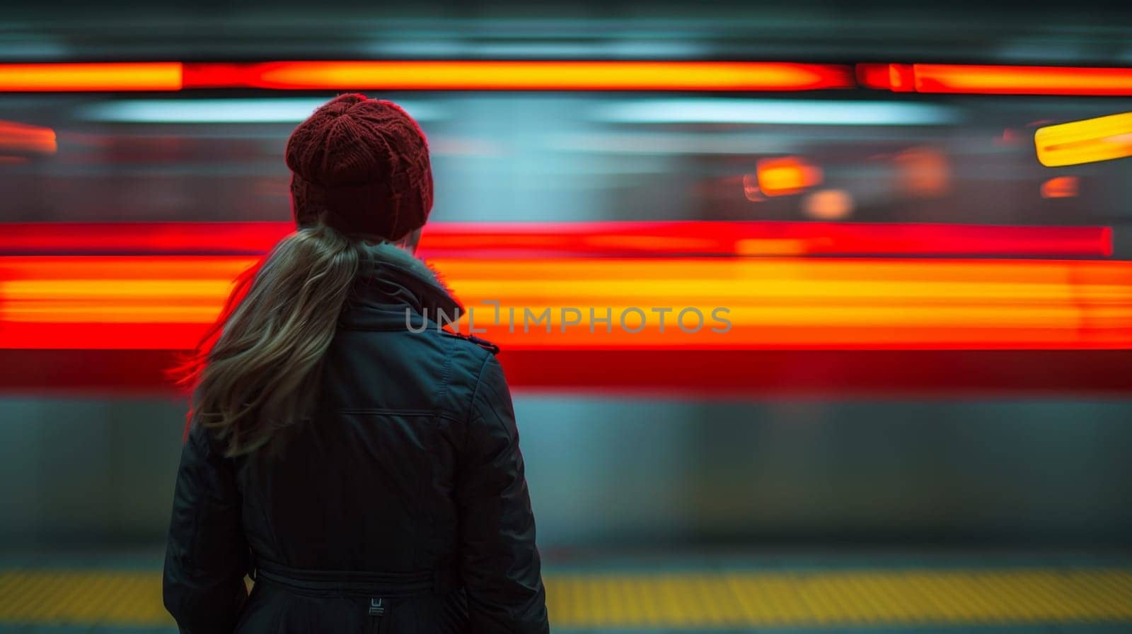 A woman in a red hat standing next to an orange blur