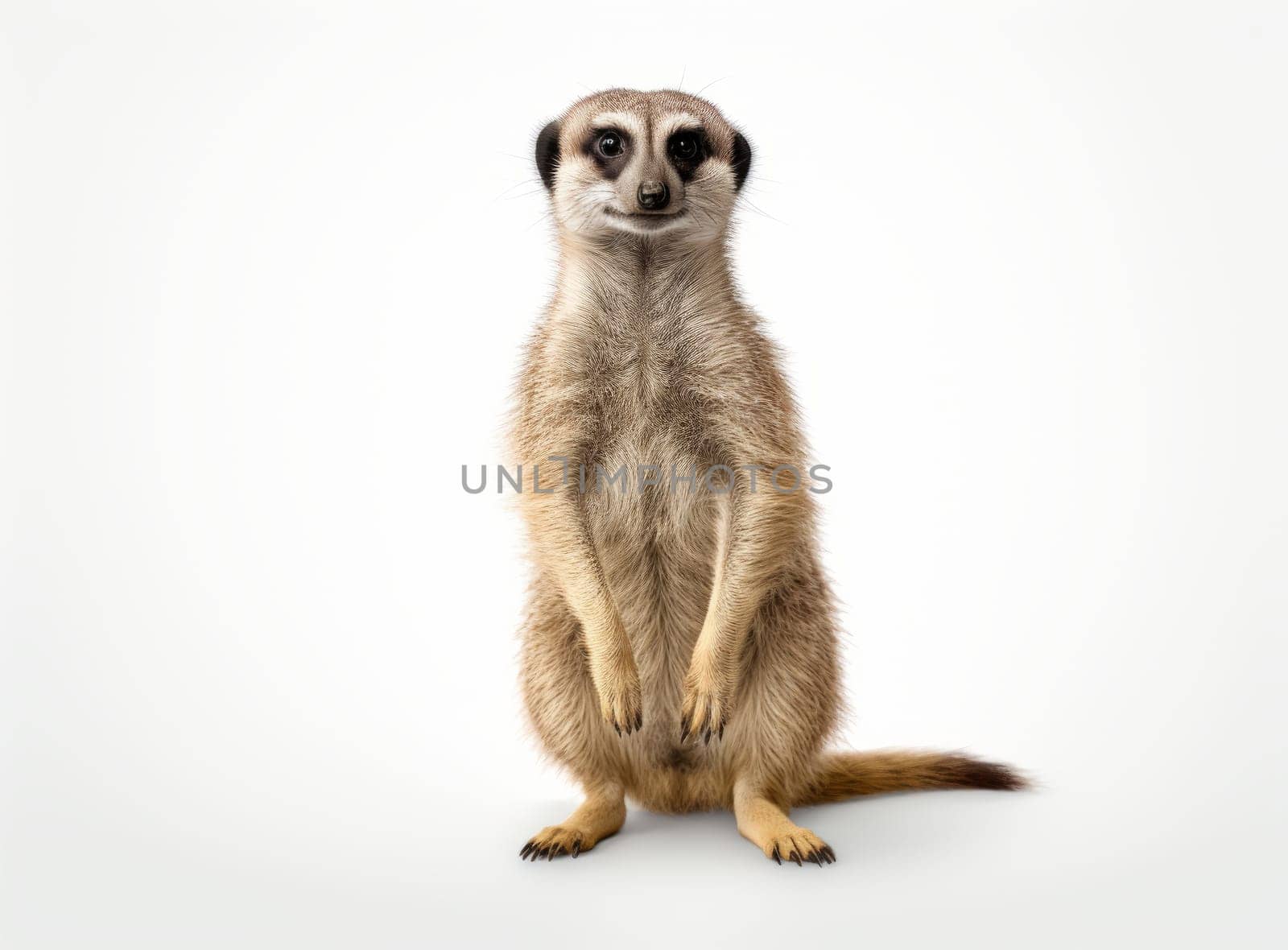 A meerkat standing on its hind legs, looking at the camera against a white background
