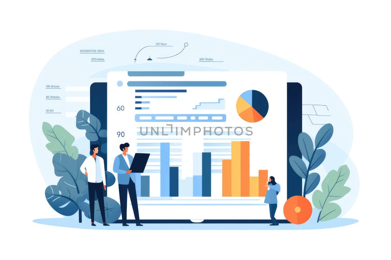 PL statement cartoon illustration - AI generated. Graph, board, man, woman, keyboard.