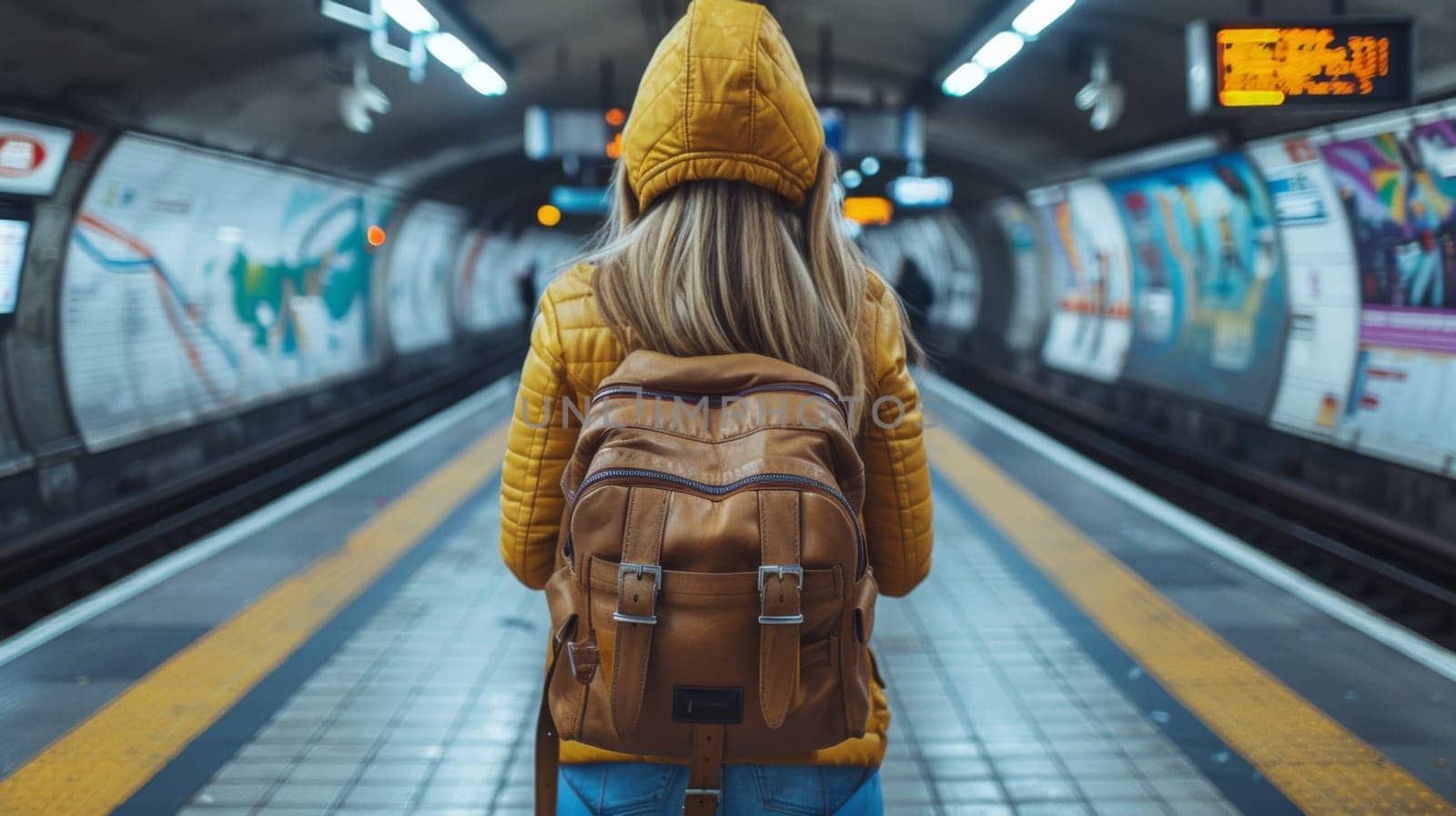 A woman with a backpack standing in the subway station