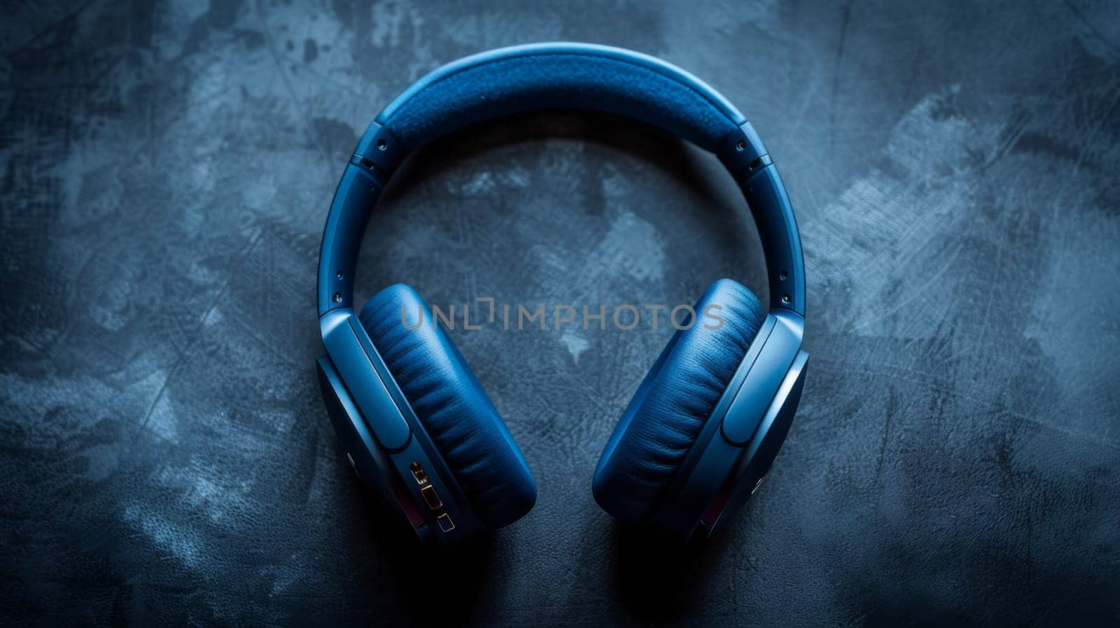 A pair of blue headphones laying on a dark surface