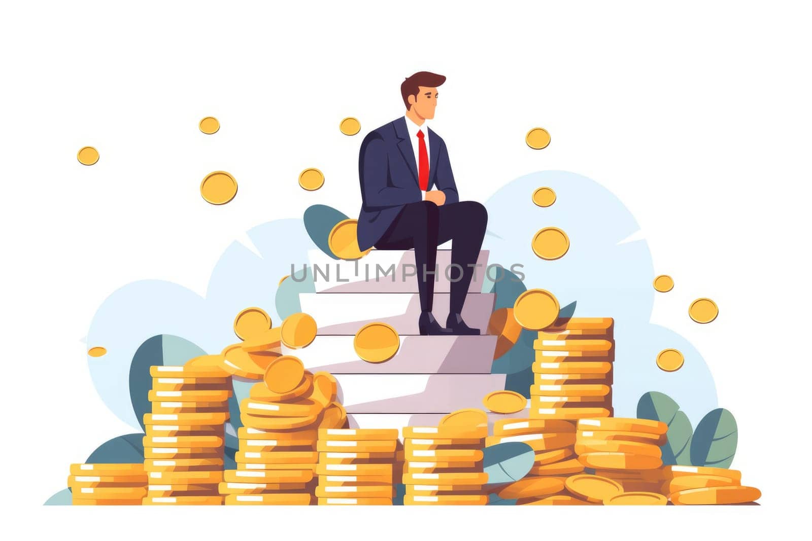 Profit the amount of money cartoon illustration - AI generated. Man, sitting, top, coin.