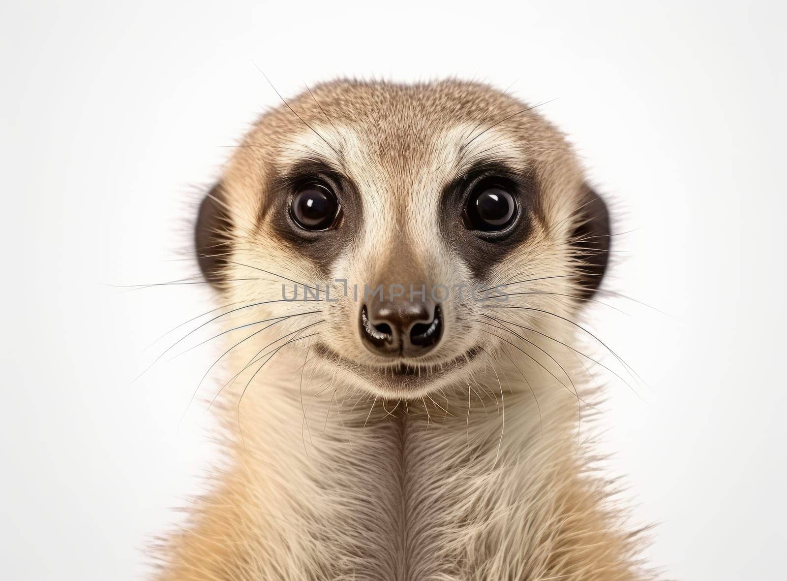 A male meerkat head close-up, looking at the camera against a white background