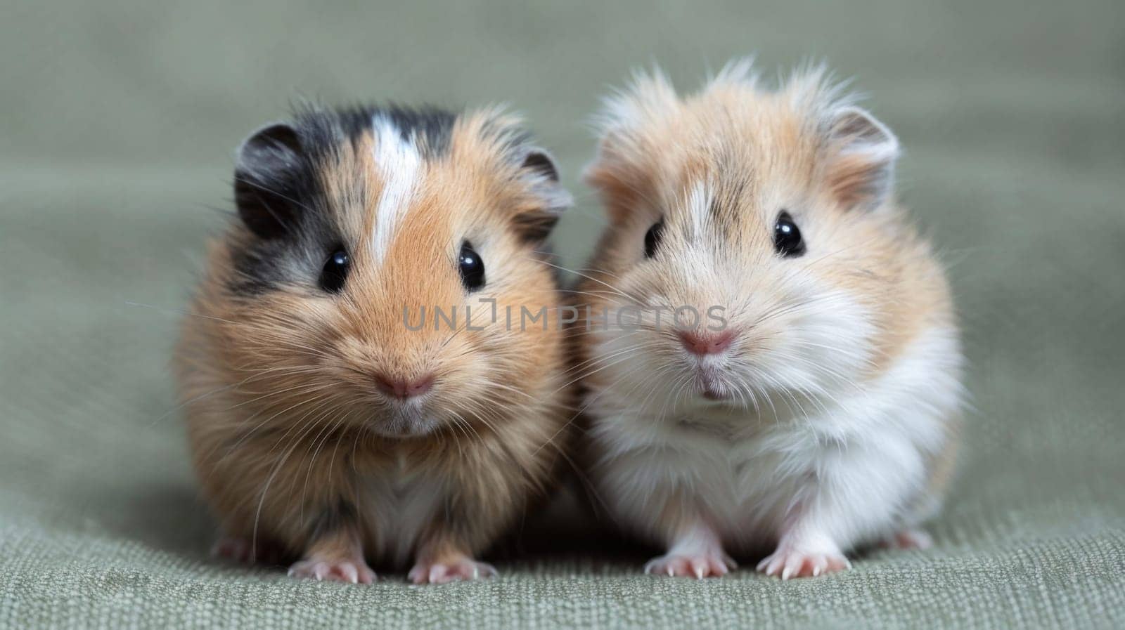 Two small brown and white guinea pigs sitting next to each other