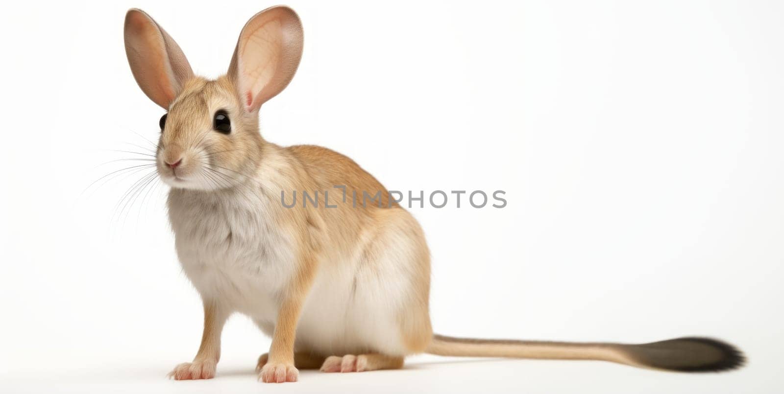 South African springhare, sitting sideways. Close-up of Pedetes capensis looks towards the camera. Exotic animal isolated on a white background