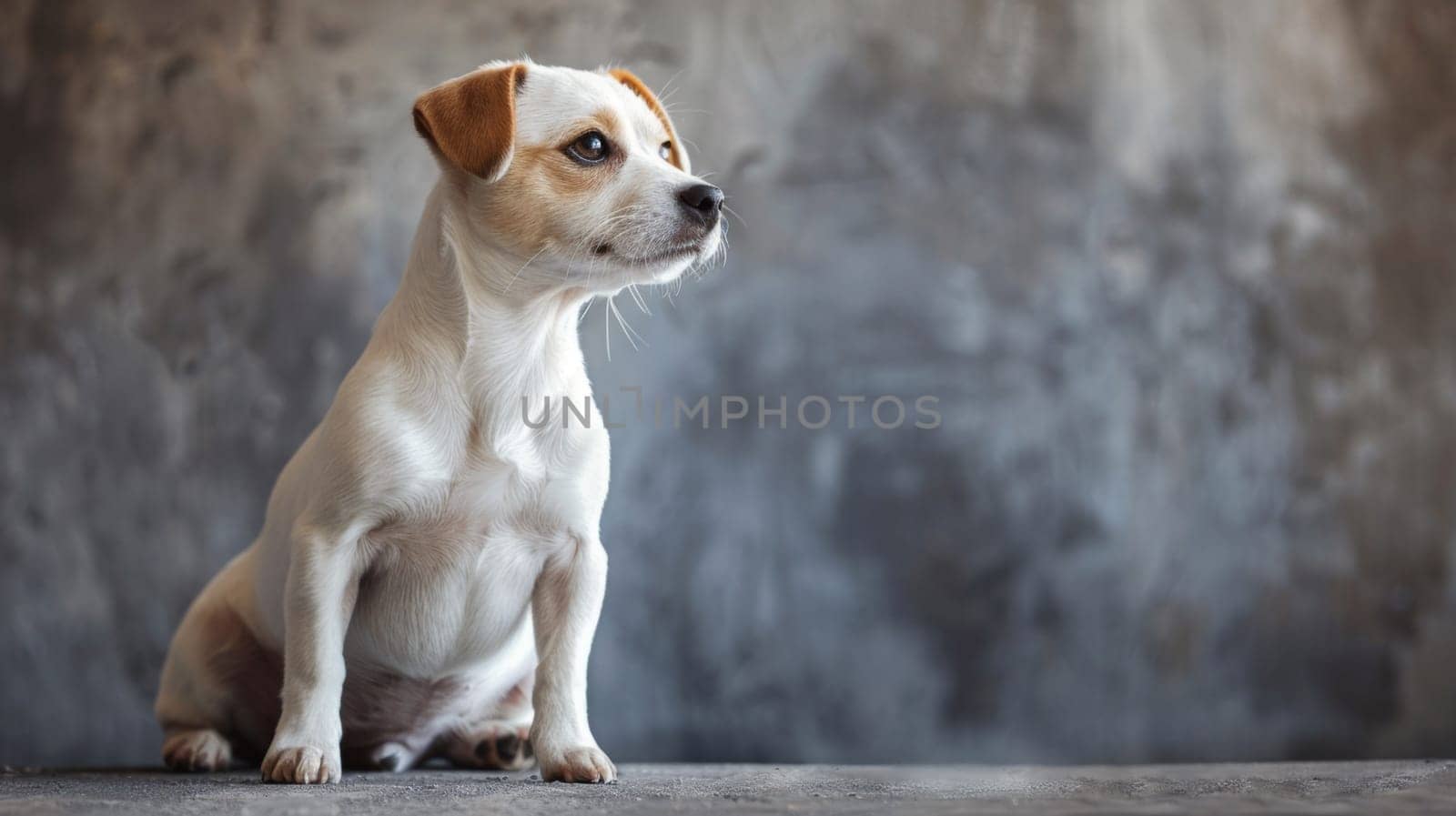 A small white and brown dog sitting on the ground
