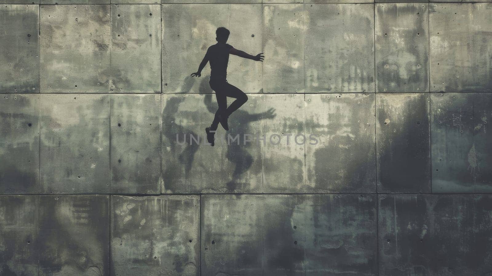 A shadow of a person jumping off the wall with their hands out